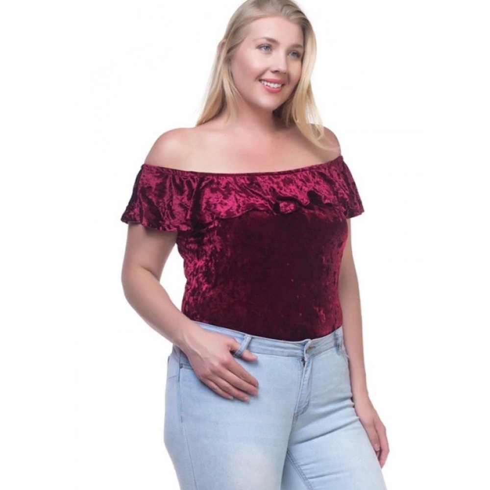 Velvet Off-Shoulder Top in Burgundy